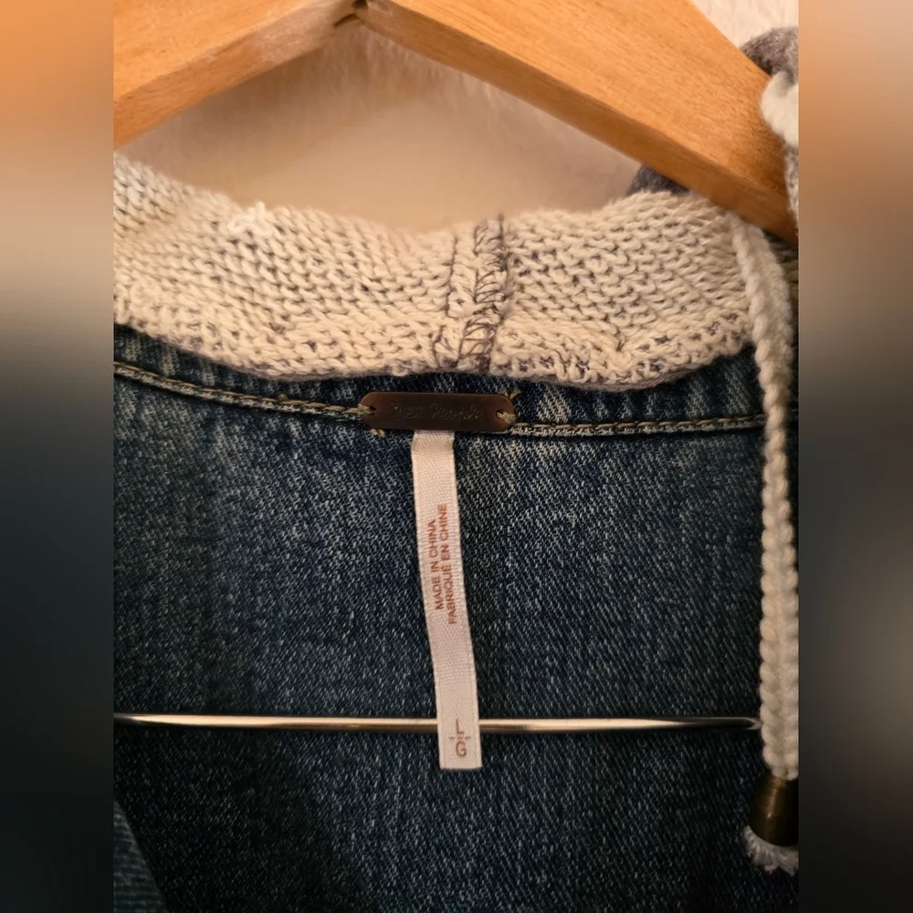 Free People Distressed Denim & Knit French Terry Hoodie Jacket,Blue/Gray, Size L